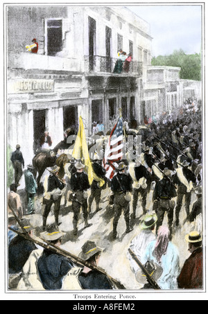 US troops entering Ponce Puerto Rico in during the Spanish American War 1898. Hand-colored halftone of an illustration Stock Photo