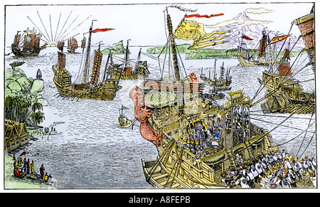 Ships of Marco Polo in the Mediterranean Sea 1300s. Hand-colored woodcut Stock Photo