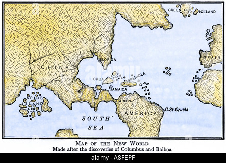 New World map showing South America attached to Asia as assumed after the discoveries of Columbus and Balboa. Hand-colored woodcut Stock Photo