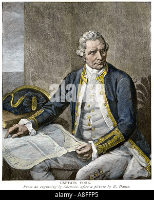 Captain James Cook reading a map. Hand-colored woodcut Stock Photo