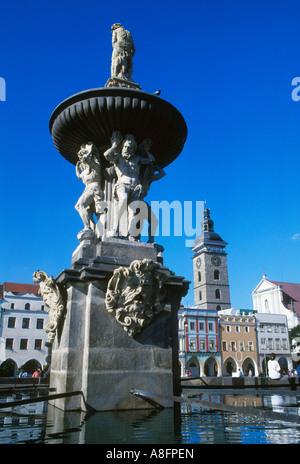 Samson Fountain and the black tower Premysl Otokaracz, Czech Stock Photo