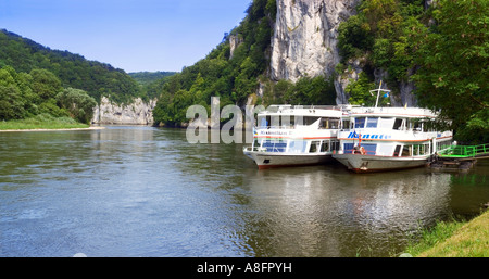 River tour boat in Altmuhl Valley Franconia danube river Bavaria germany Stock Photo