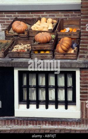 Pumpkins and squashes in boxes above a small barred window in Amsterdam Stock Photo