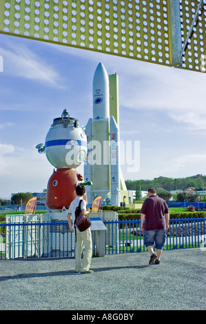 Toulouse France French Technology Science Park 'Space City' Models of 'ERS Space Satellite' and Ariane 5 Rocket Launch Vehicle Stock Photo