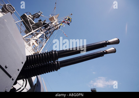 HMS Belfast AA Anti-Aircraft guns in London England Stock Photo