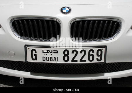 luxury car BMW with Dubai license plate. Photo by Willy Matheisl Stock Photo