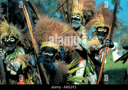 decorated aboriginals with bows, Mt. Hagen, Papua New Guinea Stock Photo