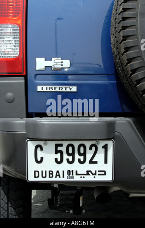 car license plate on a blue H3 Hummer off road vehicle, Dubai, United Arab Emirates. Photo by Willy Matheisl Stock Photo