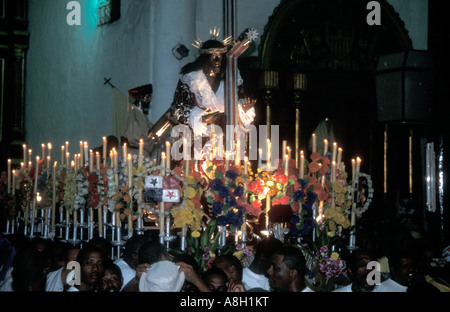 The black Christ statue being carried out of the church in Portobelo Panama during the Black Christ festival Stock Photo