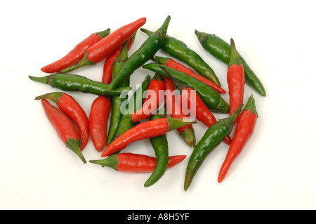 Vegetable produce typical supermarket bought red green chilli peppers Stock Photo