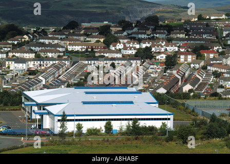 Suburbs of Merthyr Tydfil looking down semi aerial view new industrial units with housing estates