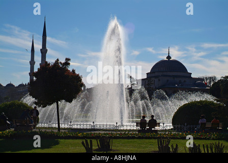 Sultanahmet The Blue Mosque silhouetted and viewed through a fountain ...