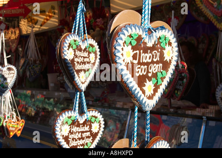 Gingerbread hearts on the Oktoberfest on the Theresienwiese in Munich Stock Photo