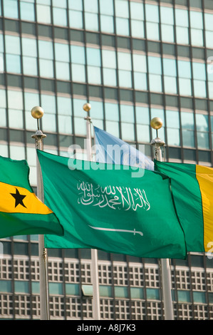 Saudi Arabian national flag floating outside the United Nations headquarters building in New York City USA Feb 2006 Stock Photo