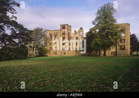 Ruins of the Old Hall stand just to the West of the splendid New Hardwick Hall near Chesterfield Derbyshire Stock Photo