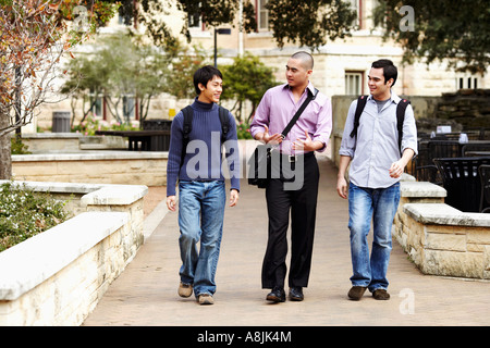 Three young men walking in a college campus and talking Stock Photo