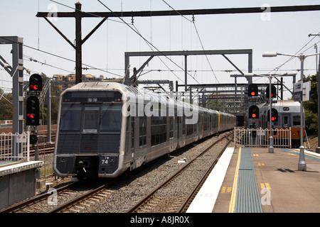 Tangara double decker suburban train in Strathfield Railway Station in Sydney New South Wales NSW Australia Stock Photo