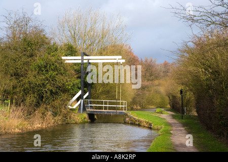 View of Turf Lea Lift Bridge on the Peak Forest Canal at Marple near Stockport in Cheshire Stock Photo