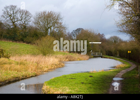 View of the Peak Forest Canal and Turf Lea Lift Bridge at Marple near Stockport in Cheshire Stock Photo