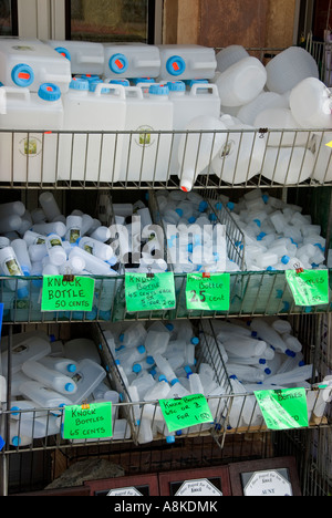 Bottles for Holy Water, on sale in local shop, Knock. County Mayo Ireland, Stock Photo