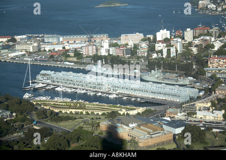 High level oblique semi aerial view of Finger Wharf and Potts Point from top of Sydney Tower in Sydney New South Wales NSW Stock Photo