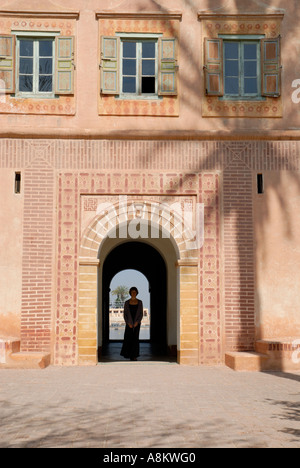 Poolside Menzeh or pavilion in the Jardin Menara Marrakech Marrakesh Morocco North Africa Stock Photo