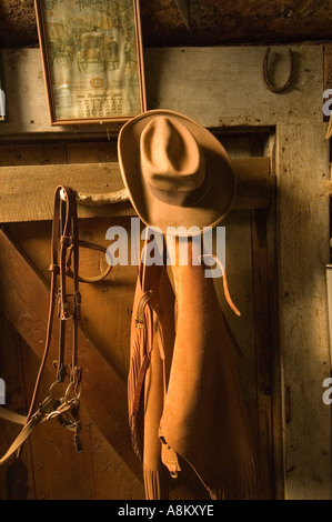 IDAHO INDIAN CREEK GUEST RANCH Cowboy wrangler gear hanging in rustic tack shack near the Main Salmon Rver and Shoupe Id Stock Photo