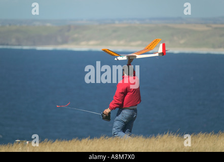 St Agnes Head nr St Agnes Cornwall Great Britain flying radio controlled model aircraft off the headland Stock Photo