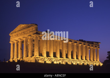 Illuminated Temple of Concord at Agrigento Sicily Italy by Night Stock Photo