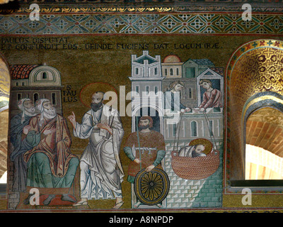 Palermo Sicily Italy The Palatine Chapel in the Norman Palace Mosaic in the Aisles The Disciples Lower St Paul  in a Basket From Stock Photo