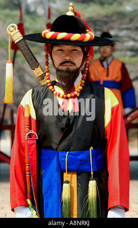 Korean Imperial Guard Member at the Gyeongbokgung Palace in Seoul South Korea Stock Photo