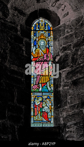 Christ in majesty and John the Baptist, South window, Church of Saint Bega, Bassenthwaite. Lake District National Park, Cumbria. Stock Photo