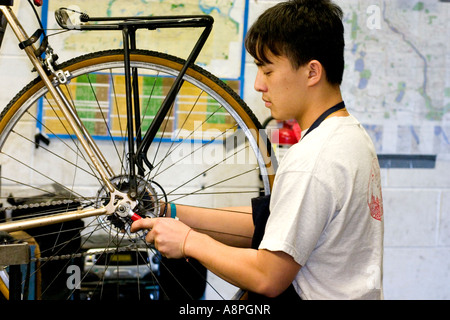 Asian American worker repairing bicycle wheel. Youth Express Bike Shop St Paul Minnesota USA Stock Photo