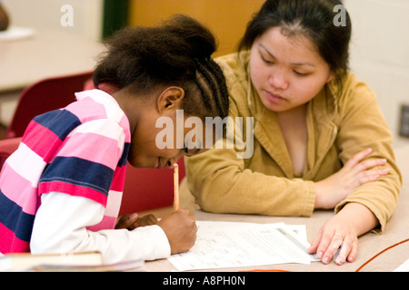 Tutor working with student and studies. After School Study Program. St Paul Minnesota USA Stock Photo