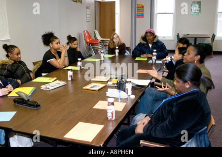 Group of African American teens meeting to discuss issues. Girls self-esteem Program St Paul Minnesota USA Stock Photo