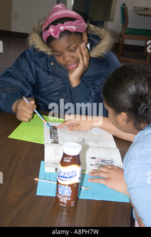 Teens discussing self-esteem steps. Girls self-esteem Program St Paul Minnesota USA Stock Photo