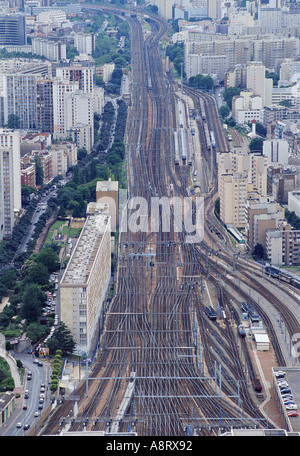 Aerial view of railroad tracks in Paris France Stock Photo