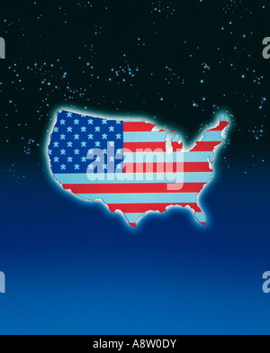 Concept artwork. Map outline of United States of America with stars and stripes flag against starry night sky background. Stock Photo