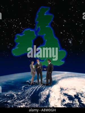 Conceptual montage image of three business people standing on planbet earth globe with map of British Isles background. Stock Photo