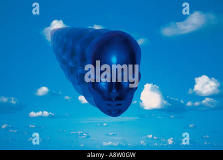 Concept. Blue metallic head floating mid-air in blue sky. Stock Photo