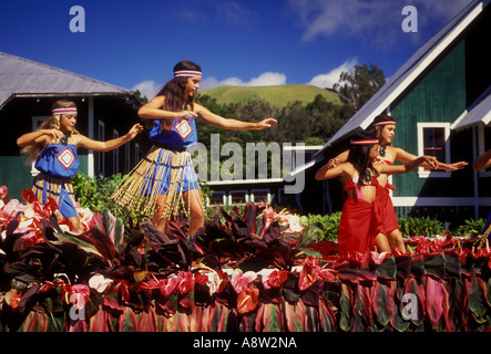 Hawaiian children young girls hula dancers dancing at Paniolo Parade during Aloha Festival in Waimea on Hawaii Island, Hawaii, United States Stock Photo