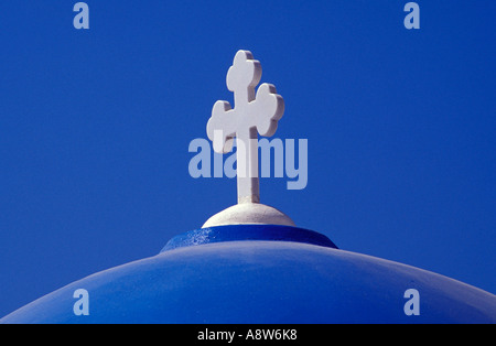 White Cross on Blue Church Dome, Greece Stock Photo