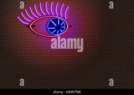 Neon sign on a brick wall. Glowing red circle. Abstract background ...