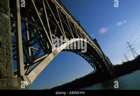 Dynamic view of Britannia Bridge across the Menai Strait, Menai Bridge, Anglesey, North Wales, UK Stock Photo