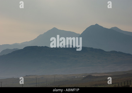Snowdonia national park - aerial perspective - misty moody mountains Snowdon in the distance Stock Photo