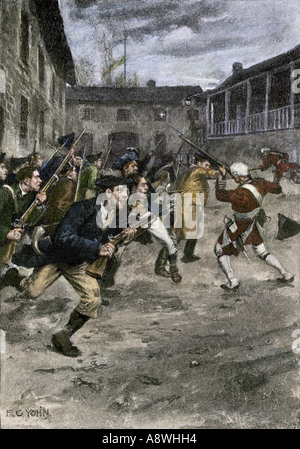 Capture of Fort Ticonderoga by Ethan Allen and the Green Mountain Boys 1775. Hand-colored halftone of an F.C. Yohn illustration Stock Photo