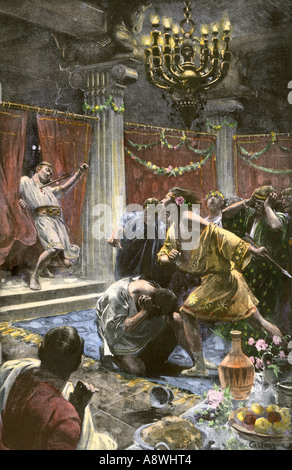 Alexander the Great murdering Clitus in a drunken rage. Hand-colored halftone of an illustration Stock Photo