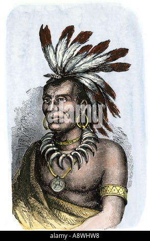 Native American Chief Little Turtle of the Miami tribe. Hand-colored woodcut Stock Photo