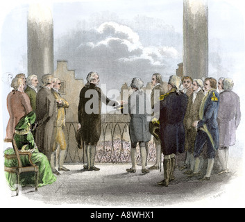 Inauguration of George Washington as first President of the United States at Federal Hall in New York City 1789. Hand-colored steel engraving Stock Photo