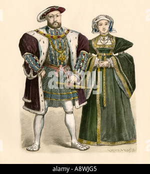 King Henry VIII with his fourth wife Anne of Cleves 1500s. Hand-colored print Stock Photo